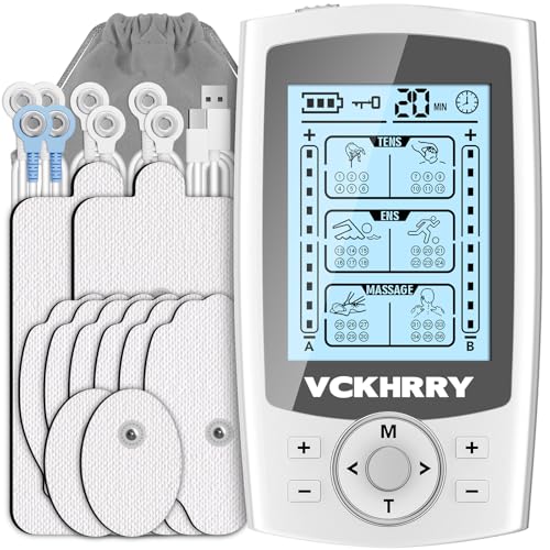 VCKHRRY Electroestimulador Muscular 3 en 1 TENS EMS Masaje Electrodos con 36 Programas 2 Canales 10 Electrodos TENS 20 Niveles de Intensidad para Muscular Relajación