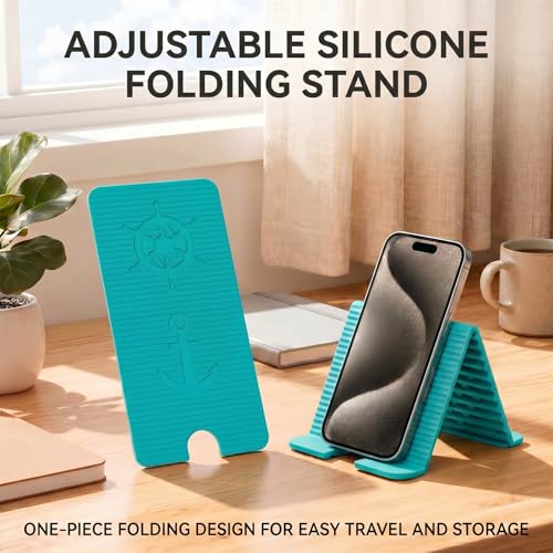 Adjustable Foldable Silicone Phone Stand, Cyan Blue, with Charging Port, Non-Slip Desk Holder for iPhone, Samsung, Tablets — view 6