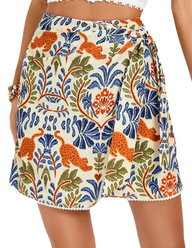 Kate Kasin Women's Boho Mini Floral Wrap Skirt