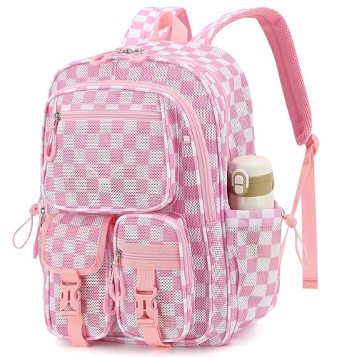 Lreneilu Mesh Backpack for School Heavy Duty Mesh Bookbags for Women Girls Boys Kids with Inner Laptop Compartment for College Travel Beach Swimming Sports - Checkered Pink