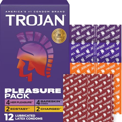 Trojan Pleasure Pack, Assorted Latex Lubricated Condoms for Men, Her Pleasure, Bareskin Studded, Ecstasy & Charged Varieties, 12 Count