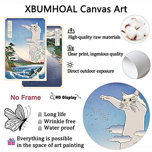 Japanese Cat Canvas Wall Art Japanese Landscape Poster Black And White Cat Pictures Japanese Waves Painting Abstract Mountain Prints Abstract Cat Artwork For Wall Vintage Wave Art 16X24Inchx2 No Frame #TOP4