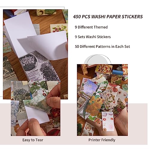 9 Sets 450 Sheets Washi Stickers for Journaling, Plants Fruit Flowers Butterfly Shell Boho Stickers Vintage Aesthetic Scrapbook Sticker for Bullet Journal Art Diary Card Craft Gifts Planner Notebook
