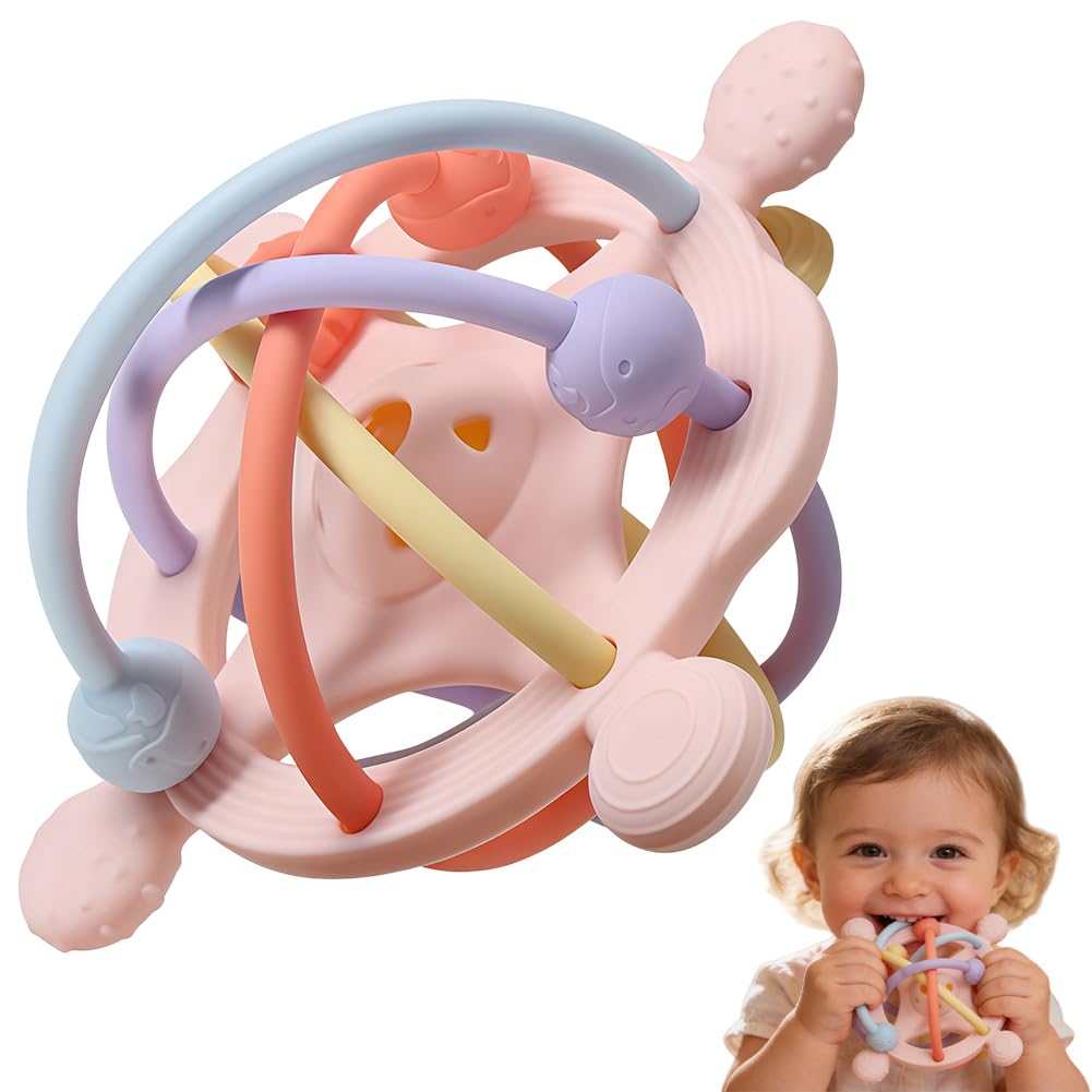 Juguete Mordedor Pelota Bebé, Juguetes Sensoriales para La Dentición Juguete de Denticion Sonajero para Bebe Juguetes Educativo Temprano Montessori para Bebés de 3 a 18 Meses(Rosa)