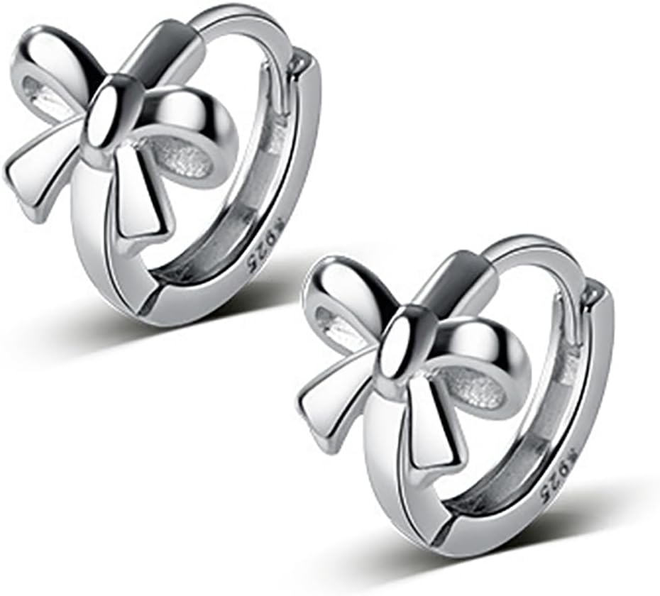 Reffeer Solid 925 Sterling Silver Small Bow Hoop Earrings Huggie for Women Teens Bowknot Huggie Earrings