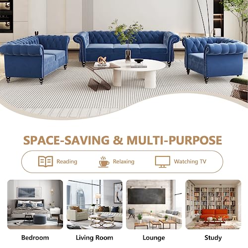 Image of QHITTY Accent Large Sofa, Chesterfield Couch 3 Seater Modern Velvet Couch Upholstered Sofa with Tufted Back for Living Room Furniture (Blue)