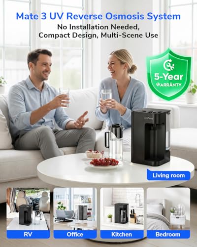 Image of Mate 3 UV Reverse Osmosis Water Filter Countertop, 3:1 Pure to Drain, Autofill Pitcher, No Installation Water Purifier, Portable 9 Stage RO Water Filtration with Remineralization, Self-Cleaning, Black