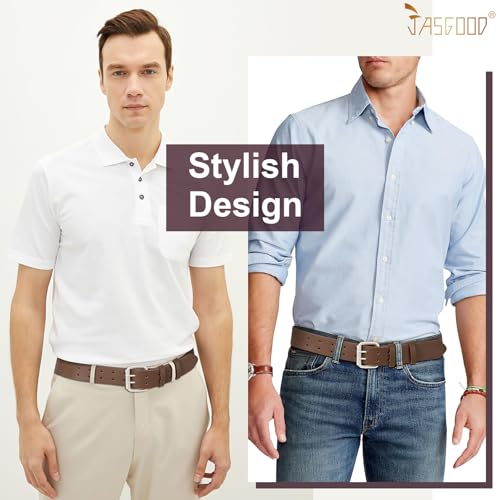 Image of JASGOOD Men Double Prong PU Leather Belt Casual Work Heavy Duty Belt Double Grommet Holes Belt for Jeans