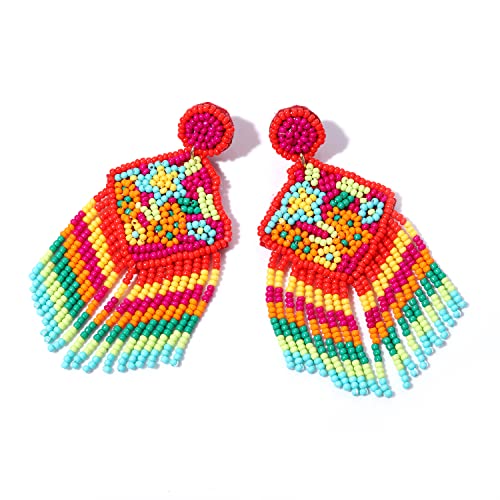 Beaded Flower Earrings Beads Tassel Earrings Square Drop Dangle Earrings for Women Girls Handmade Spring Jewelry Gifts4