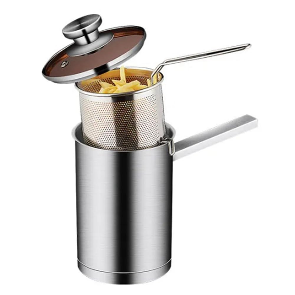 Freidora de acero inoxidable con cesta de drenaje, perfecta para alimentos fritos y cocinar, fácil de usar, duradera, esencial para cocineros caseros