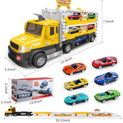 Image of Happy Hues Big Hauler Storage & Deform Truck Toy with 55 inch 2 Ejection Race Track & 6 Die-cast Cars- Catapult Truck with LED Light & Music for Kids (Yellow)
