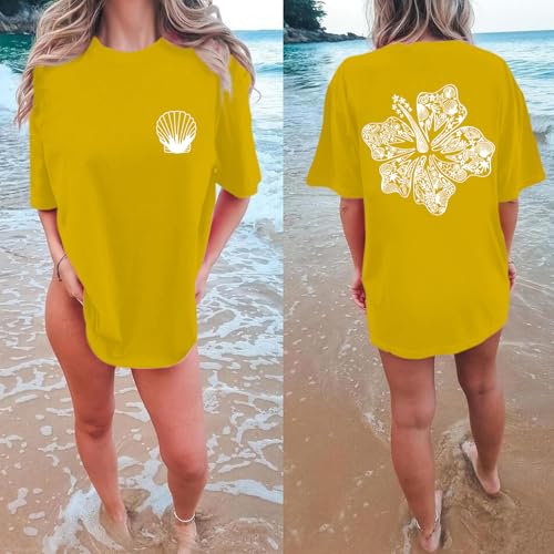 Image of Hawaiian T Shirts for Women Oversized Aesthetic Hibiscus Flower Beach Shirt Teens Preppy Tropical Graphic Tee Tops