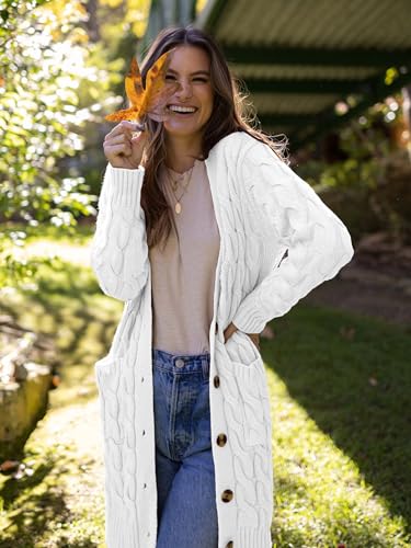 Image of PRETTYGARDEN Long Sleeve Cable Knit Long Cardigan for Women 2026 Spring Winter Chunky Open Front Button Sweaters with Pockets