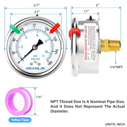 Image of MEANLIN MEASURE 0~160Psi Liquid Filled Pressure Gauge 1 /4 inch NPT 2.5 inch FACE DIAL Stainless Steel Glycerin Filled WOG Water Oil Air Back Mount (with 2PCS Snaps)
