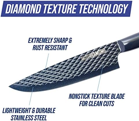Blue Diamond Sharp Stone Nonstick Stainless Steel Cutlery, 3 Piece Set Including Chef Serrated and Pairing Knives with Covers, Diamond Texture Blade, Blue