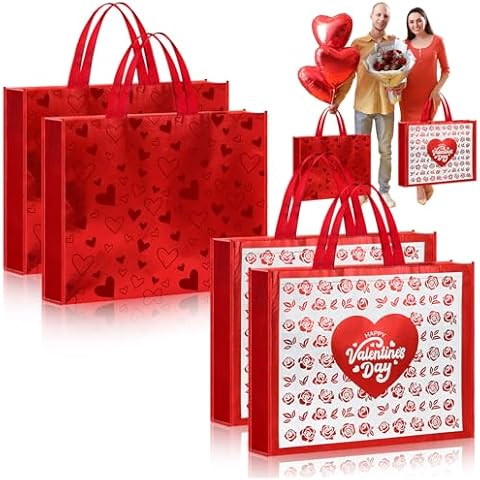 Dansydaisy 6 Pcs Extra Large Valentine's Day Gift Bag 20 x 16 Inch Reusable Heart Tote Bag with Handles Non Woven Love Valentine's Shopping Bag Valentines Party Favor Galentines Adults(Novel Style) Cover