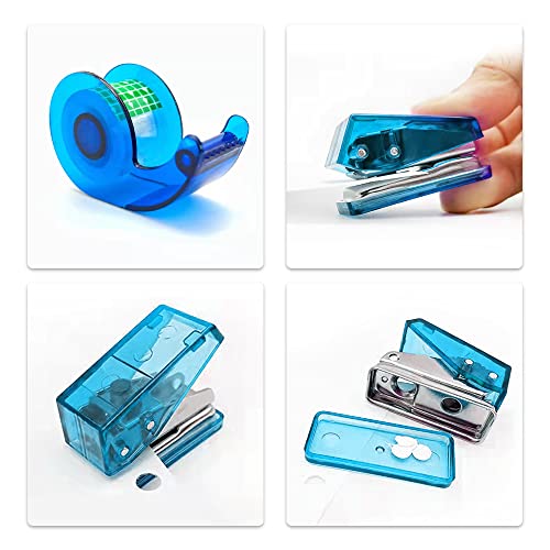 Blue Mini Office Supply Set,Include Mini Stapler,Tape Dispenser,Hole Puncher,Staples,Mini Desktop Stapler For Office Or School Supplies. #TOP3