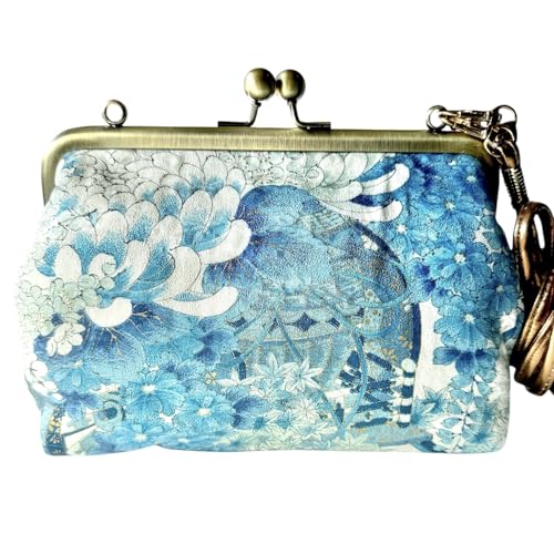 Kimono Cloud Clutch bag Vintage Floral Kiss Lock Purses and Handbags Crossbody Bag/Made in Japan Japanese Evening Clutch Buckle Purse Shoulder/Blue chrysanthemums and cherry blossoms