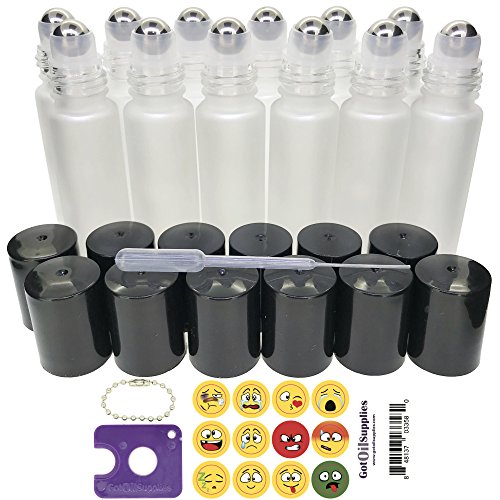 Got Oil Supplies 10ml Roller Bottles For Essential Oils - Includes 12 Free Emoji Lid Stickers, Rollerball Insert Tool & Pipette - 6 or 12 Packs In Multiple Colors (12 Pack, Frosted)