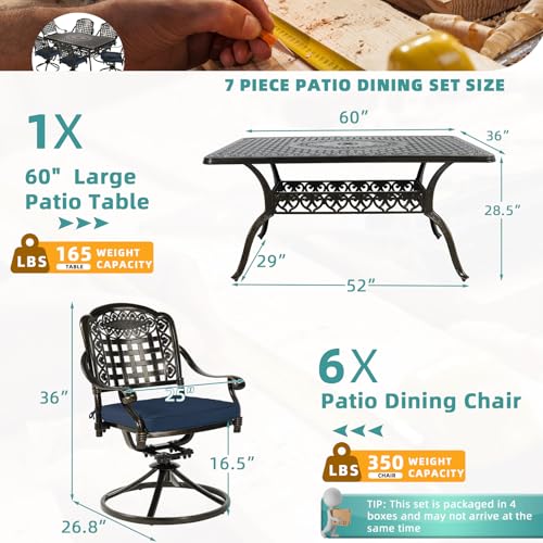 Image of MEETWARM 7-Piece Outdoor Patio Dining Set, All-Weather Cast Aluminum Patio Conversation Set with 6 Cushioned Swivel Rocker Chairs for Backyard Garden Deck, 1 Rectangular Table, Navy Blue