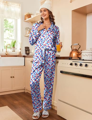 Image of Ekouaer Womens Satin Pajama Set Classic Pattern Silky Pj Sets Button Down Sleepwear Loungewear