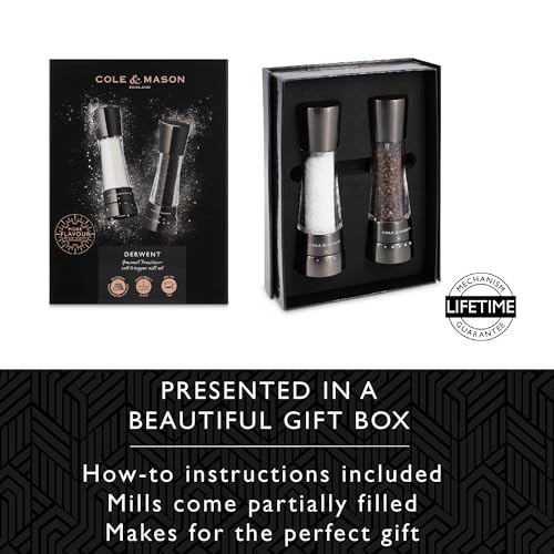 Cole & Mason Derwent Gunmetal Salt and Pepper Mills, Adjustable Grind Settings, Gourmet Precision+, Stainless Steel/Acrylic, 190 mm, Gift Set, Includes 2 x Salt and Pepper Grinders