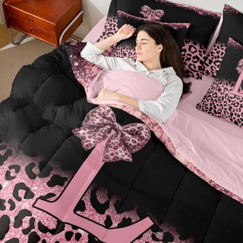 Image of Feelyou Girls Bow Comforter Set with Sheets 7 Piece King Size Glitter Leopard Print Bedding Set for Kids Boys Girls Initial Letter L Bed in a Bag Room Decor Soft Lightweight Microfiber