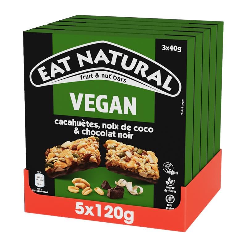 Eat Natural Barritas de frutas y nueces - Cacahuetes veganos, coco y chocolate negro - Vegano, Snack sin gluten - Ideal para viajes - 3 x 40 g