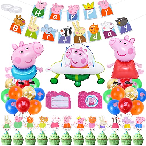 Geburtstags Set Folienballon,Pepa Wutz Geburtstagsdeko,Geburtstagsfeier Dekorationen Rosa,Themed Birthday Party Latexballon,Happy Birthday Banner,Cupcake Topper, Kindergeburtstag Party Ballon Deko Cover