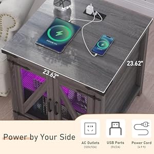 Farmhouse End Table, 24" Large Sofa Side Table with Charging Station, Mesh Barn Door, and Adjustable Storage Shelf, Rustic Wood Square Nightstand for Living Room, Bedroom, Office, Grey Farmhouse End Table 24 Large Sofa Side Table with Charging Station Mesh Barn Door and Adjustable Storage Shelf Rustic Wood Square Nightstand for Living Room Bedroom Office Grey