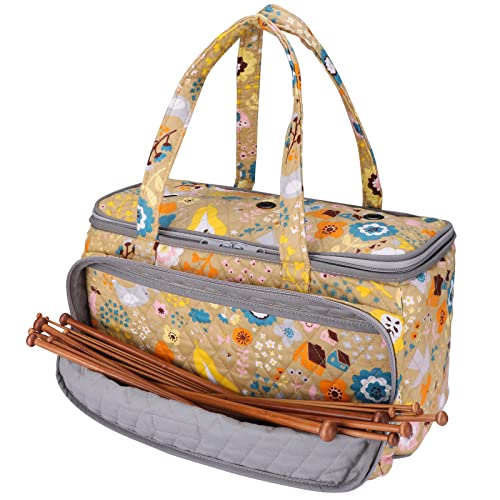 Image of Yarn Storage Organizer with Grommets - Portable Crochet & Knitting Bag for Skeins, Hooks, Needles & Accessories (Flower-Yellow)