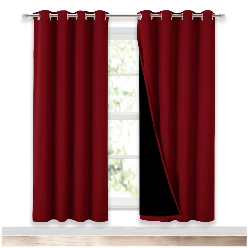 NICETOWN Living Room Completely Shaded Draperies, Privacy Protection &amp; Noise Reducing Ring Top Drapes, Black Lined Insulated Decorative Curtain Panels(Burgundy Red, 2 Pieces, W52 x L72)