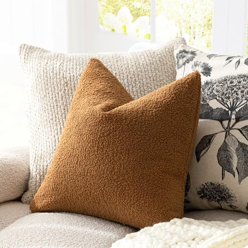 Image of Foindtower Pack of 2, Curly Faux Fur Decorative Throw Pillow Covers Soft Fuzzy Plush Cushion Case with Zipper Cozy Pillowcase for Home Living Room Couch Bed Sofa 18 x 18 Inch, Bronze