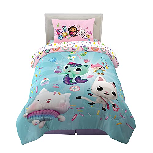 DreamWorks Gabbys Dollhouse Cakey MerCat And Pandy Kids Bedding Super Soft Comforter And Sheet Set 4 Piece Twin Size By Franco