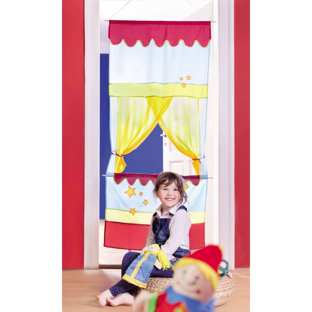 roba Théâtre de Marionnettes pour Cadre de Porte - en Bois et Tissu - avec Rideau Jaune - pour Enfants dès 3 Ans - Bleu / Rouge
