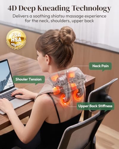 Image of Heycool Cordless Battery Powered Neck Massager with Heat, Shiatsu Kneading, 4D Deep Massage for Neck and Shoulder Pain Relief, Grey, Modern Design