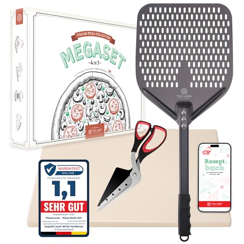 Pizza Lover Juego de piedras para pizza de alta calidad para horno y barbacoa, 4 en 1, incluye pala perforada para pizza + piedra para pizza hasta 800 °C de cordierita + tijeras para pizza y libro de