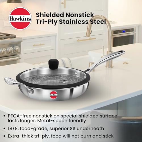 Image of Hawkins 26 cm Triply Stainless Steel Pro Frying Pan | Induction & Gas Compatible | No Burning | Even Heating | with Glass Lid | Silver (PSNF26G)|Induction and Gas Stove Compatible