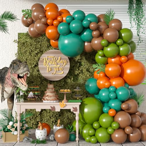 Image of Dinosaur Balloon Arch Kit, Retro Green Orange Brown Garland Balloon
