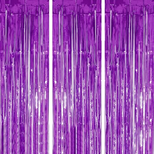 Beeyaky 3Pack Purple Foil Fringe Curtain Backdrop - 3.3ft x 8.3ft Metallic Tinsel Photo Booth Decor for Purple Party Decorations