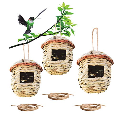 Emalie Humming Bird House, Hummingbird Nesting Houses Outside, Hanging Birdhouses for Outdoors with Rope, Cozy Wild Bird Hut/Nest for Audubon Finch Canary Song Sparrow, 3 Pack (Hut Shape)