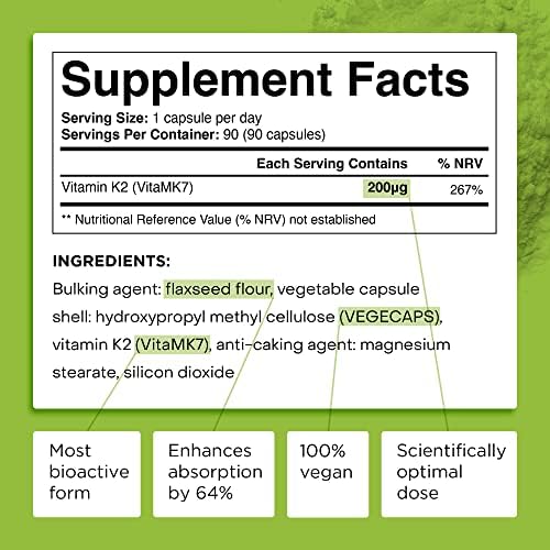 Organic Vitamin K2 MK7 Supplement 200 mcg, K2 Vitamin Supplement for Men and Women, Support Heart Health, Joint, Bones and Immune System, 90 Capsules