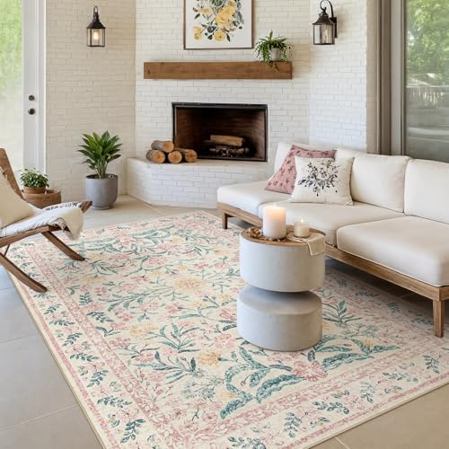 Morebes Floral Pink Rugs for Bedroom Girls, Washable 5x7 Large Area Rug for Living Room Non Slip, Vintage Low-Pile Indoor Floor Boho Flower Carpet for Kids Nursery Playroom, Light Pink&Green