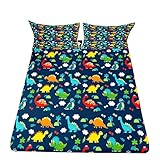 Dinosaur Fitted Sheet Queen Size Kids Bedding Set Cartoon Dinosaur Fitted Sheet For Boys Children Colorful Bedroom Decor Ancient Jungle Animals Bed Cover Tropical Hawaiian Palm Leaf Bed Set Blue