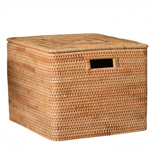 KazeSo 収納かご 蓋付き 整理ハコ 藤バスケット 衣類収納 大きいサイズ 持ち手 運びやすい インテリア おしゃれ 手織り 玄関 寝室 洗面所 クローゼット秋藤編み収納バスケット 手作り編み収納ボックス 大型 蓋付き 北欧ラグジュアリー CD・書籍用