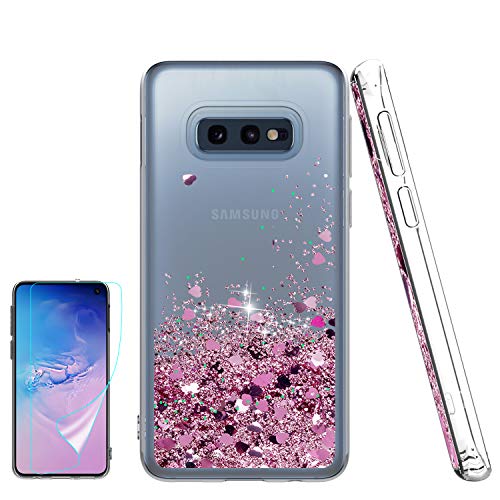 Atump Funda Galaxy S10E con Protector de Pantalla HD, Transparente Cristal Silicona Purpurina Bumper Gel TPU Fundas Case Cover para Movil para Samsung Galaxy S10 Lite/ S10E Oro Rosa