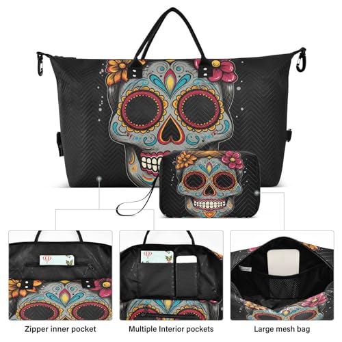 Large Travel Duffel Bag, Silly Orange Flower Skull Sports Tote Gym Bag, Shoulder Weekender Overnight Bag for Women Men, Carry On Luggage with Toiletry Bags2