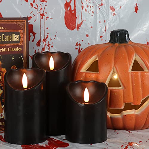 Image of Eldnacele Black Flameless Candles Battery Operated with 6 Hour Timer, Set of 3 Real Wax LED Pillar Candles Realistic 3D Wick Flickering Dinner Party Halloween Indoor Decoration(3 inchD x 4 inch5 inch6 inchH)
