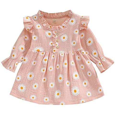 Verve Jelly Baby Mädchen Kleinkind Baumwolle Leinen Kleid Rüschen Kragen Button-Down Freizeitkleider Kinder Langarm Prinzessin Partykleid Herbst Winter Kleidung Rosa 100 2-3 Jahre Cover