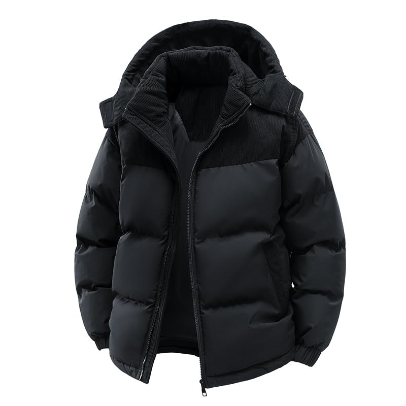 Image of Men's Winter Jacket Solid Color Long Sleeve Zipper Coat with Removable Hood Pockets